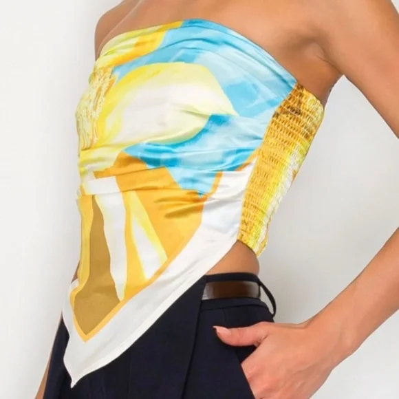 STRAPLESS ABSTRACT SATIN EFFECT SCARF TOP - Picture 3 of 13